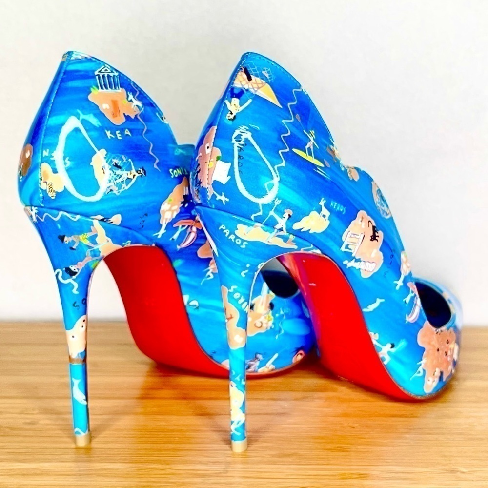 Christian Louboutin “Hot chick” swim pool, Blue Multi graphic. 100mm EU38.5
